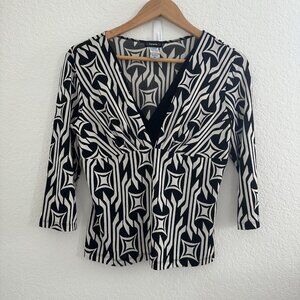 Cocomo Babydoll Blouse Womens M Black Geometric Pattern 3/4 Sleeve Stretch‎